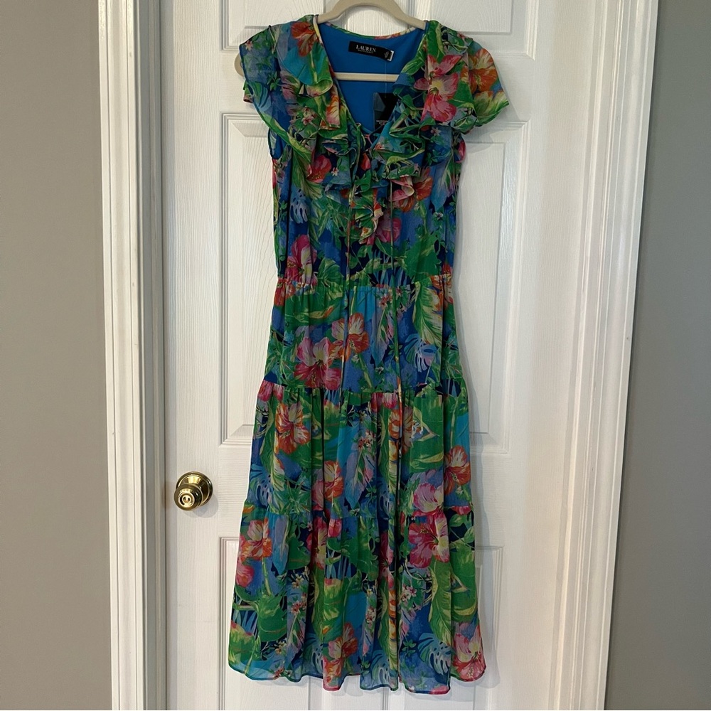 Lauren Ralph Lauren Floral‎ Crinkle Georgette Tiered Dress Size 2 Tropical NEW